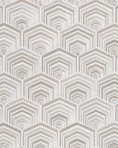 Etnisch behang Profhome DE120041-DI vliesbehang hardvinyl warmdruk in reliëf gestempeld met geometrische vormen glimmend wit zilver 5,33 m2