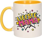 Liefste mama cadeau koffiemok / theebeker wit en geel met sterren - 300 ml - keramiek - Moederdag - cadeau beker / waardering mok