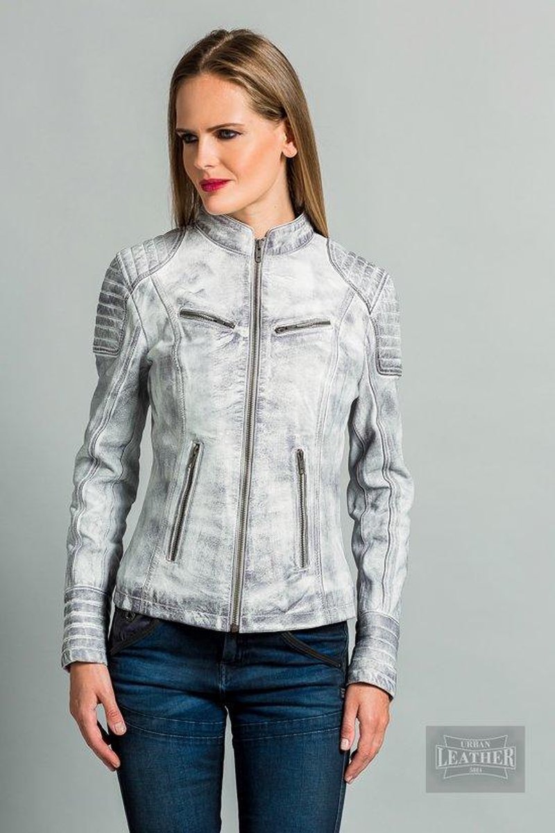 Urban 5884® - Angelina - Damesjas - Biker - Lams Leer - Soepel - Vintage Grijs- Getailleerd - Maat 3XL