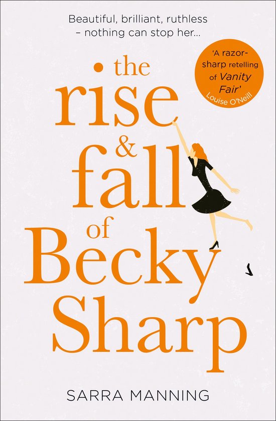 Boek met de titel 'the rise & fall of Becky Sharp' in oranje letters. Een silhouet van een vrouw in een zwarte jurk staat op de achtergrond.