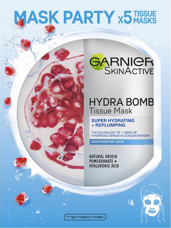 Garnier SkinActive - Hydra Bomb Sheet Mask met Granaatappel - Gezichtsmasker - 5 Stuks - Voordeelverpakking