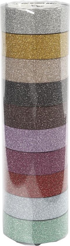Stapel van tien rollen glinsterende masking tape in de kleuren zilver, goud, beige, zwart, bruin, paars, roze, rood, lichtblauw en groen.