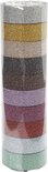 Stapel van tien rollen glinsterende masking tape in de kleuren zilver, goud, beige, zwart, bruin, paars, roze, rood, lichtblauw en groen.
