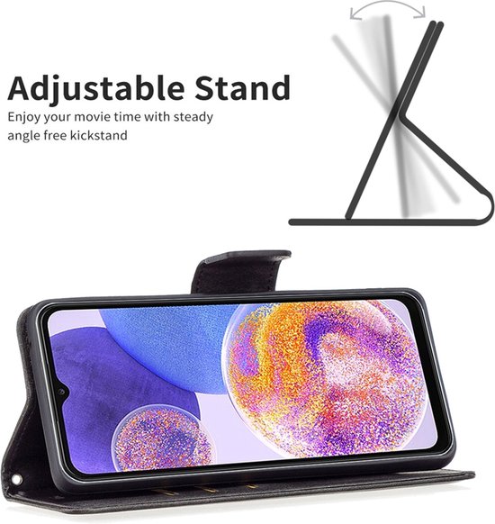 Étui portefeuille noir pour téléphone, en position debout avec le téléphone.