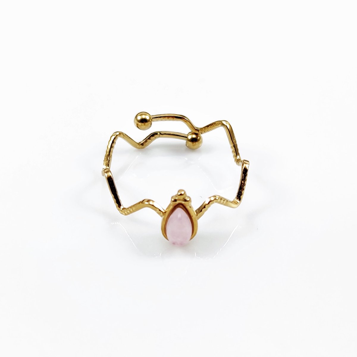 Dottilove - Zig Zag Ring met Roze Natuursteen Dames - RVS Geelgoudkleurig Verguld - One Size