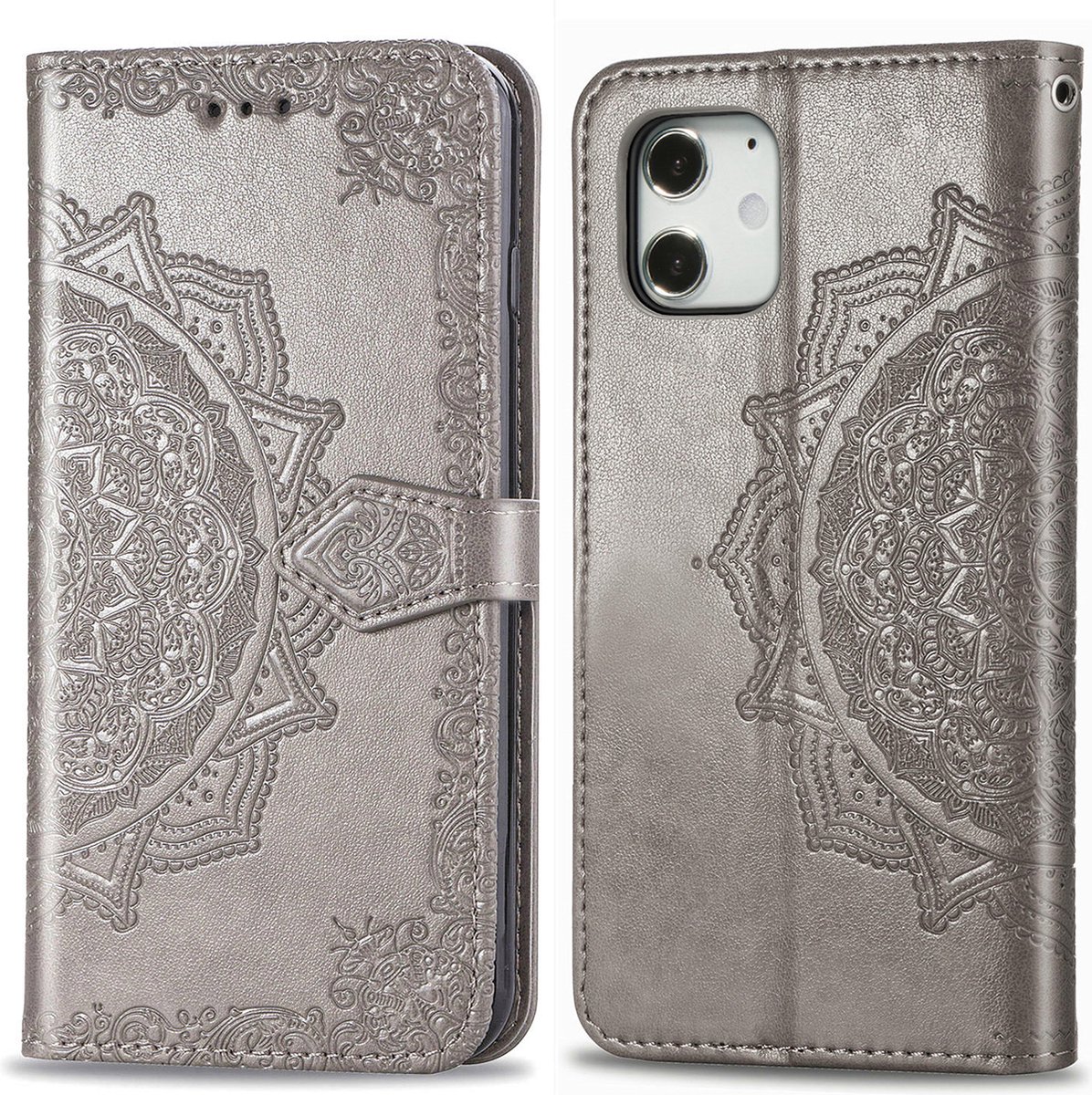 Bookcase geschikt voor Apple iPhone 12 Mini - Grijs - Bloemen - Portemonnee Hoesje