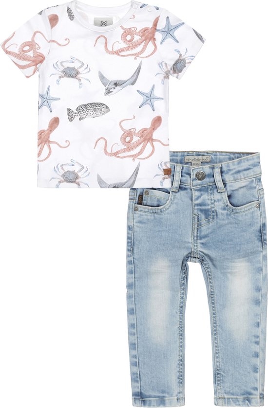 Koko Noko - Kledingset(2delig) - Bleu jeans used look - Shirt Wit met zeedieren - Maat 116