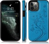 Hoesje geschikt voor iPhone 12 - Backcover - Pasjeshouder - Portemonnee - Bloemenprint - Kunstleer - Blauw