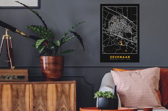 Stickers muraux - Zevenaar - Black and Gold et Or - Plan de la ville - Carte - Plan d'étage - 40x60 cm - Feuille adhésive