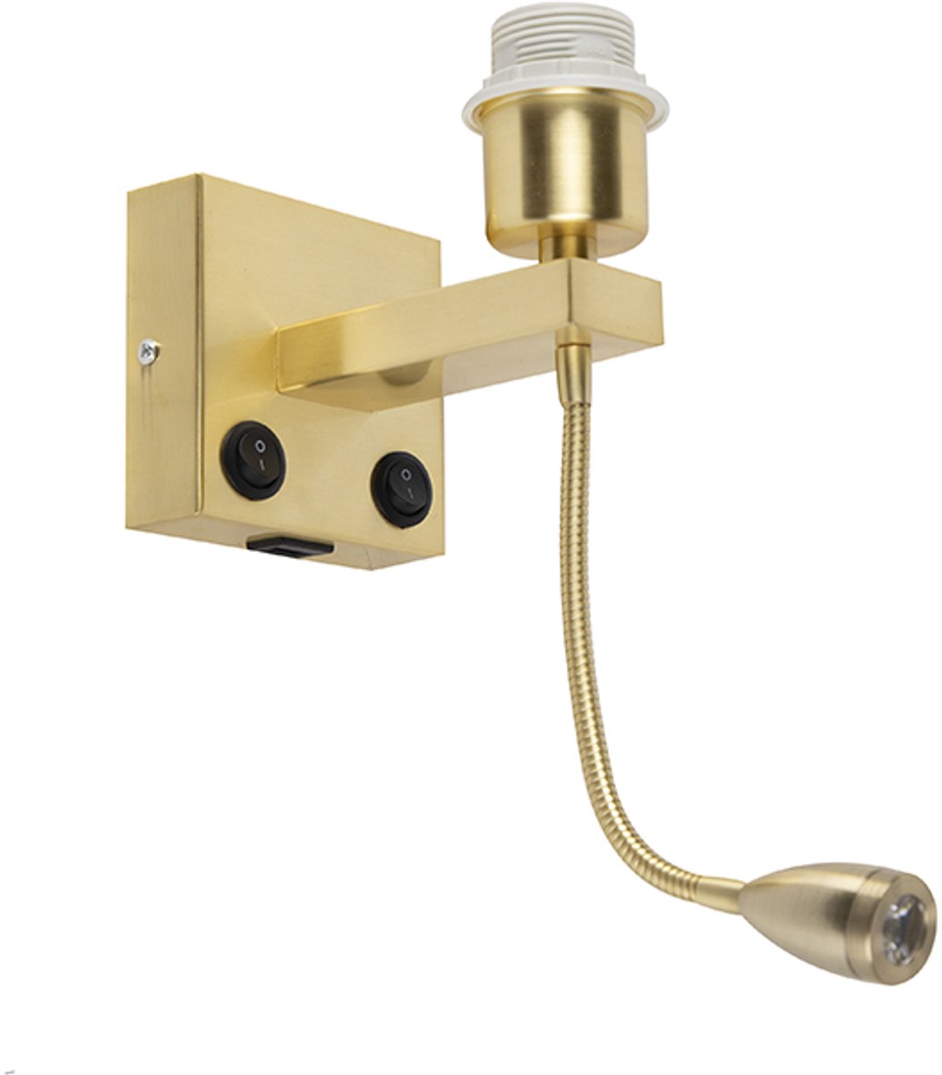 Qazqa art deco wandlamp met leesarm - Brescia Combi - goud/messing, vierkant, max. 40W, geschikt voor led, 2-lichts, 33cm, ideaal als slaapkamer lamp