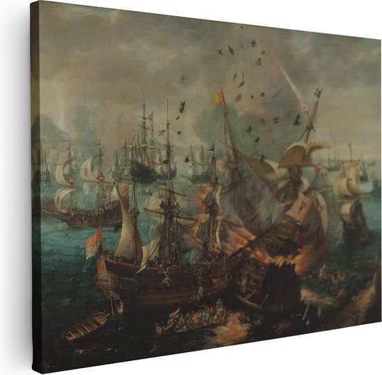 Artaza Canvas Schilderij Slag bij Gibraltar in 1607 - Cornelis Claesz. van Wieringen - 40x30 - Klein - Poster Foto op Canvas - Canvas Print