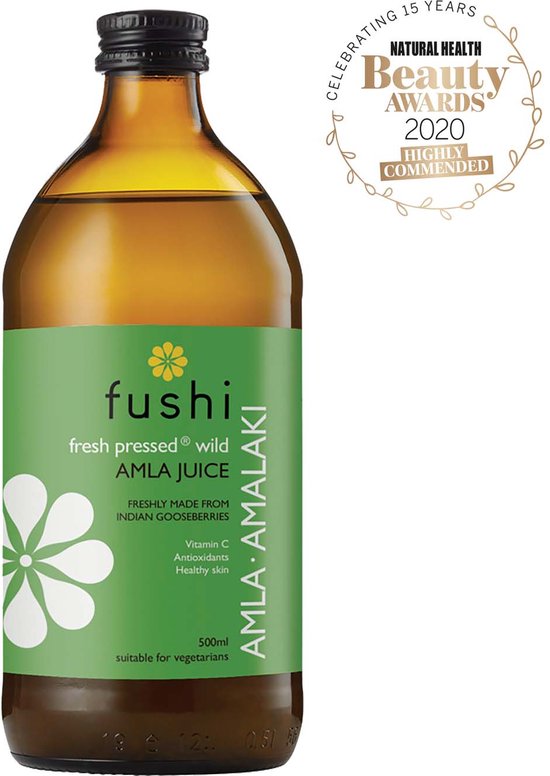 Fles fushi Amlaki sap, 500 ml, met groene wikkel. Bevat 'Beauty Awards 2020 Highly Commended' en 'Celebrating 15 Years'.