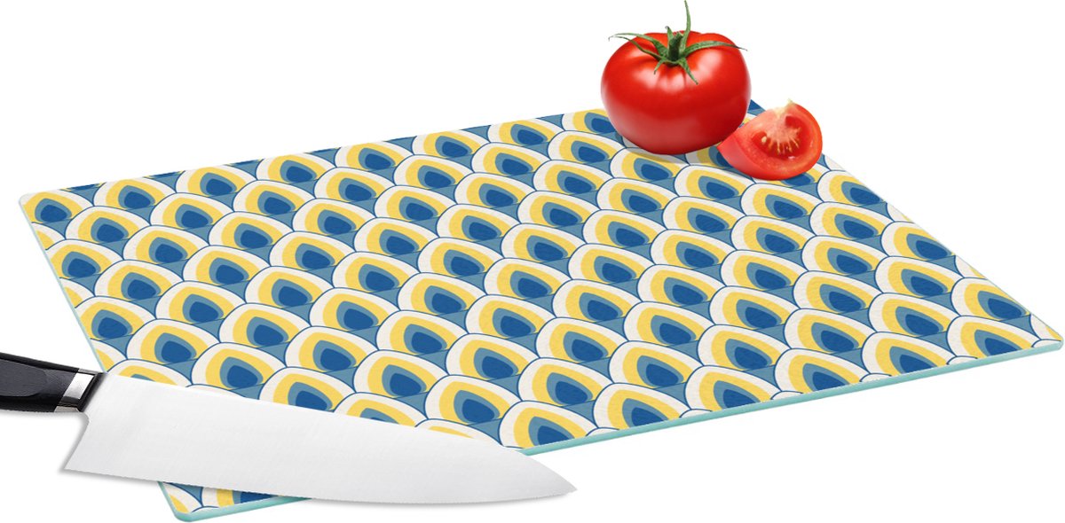 Glazen Snijplank - 39x28 - Design - Patroon - Retro - Geel - Blauw - Snijplanken Glas