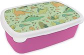Broodtrommel Roze - Lunchbox - Brooddoos - Patronen - Dino - Groen - Jongetje - Kind - Kinderen - Kids - 18x12x6 cm - Kinderen - Meisje