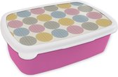 Broodtrommel Roze - Lunchbox - Brooddoos - Stippen - Lijn - Patroon - 18x12x6 cm - Kinderen - Meisje