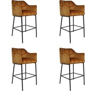 Bronx71® Velvet barkruk Jayron oker geel/cognac bruin 82 cm - Barkrukken set van 4