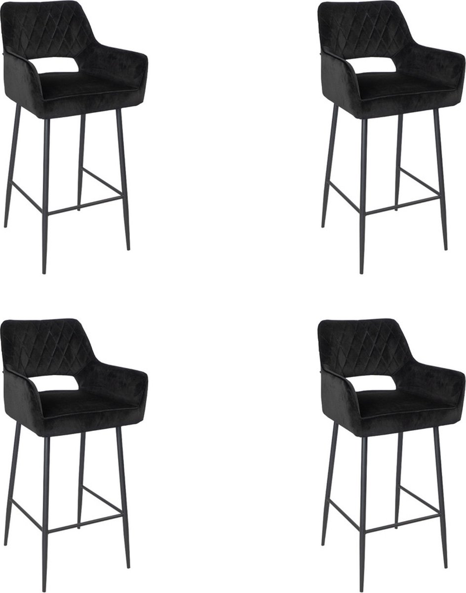 Bronx71® Velvet barkruk Mika zwart 78 cm - Barkrukken set van 4 - barstoel