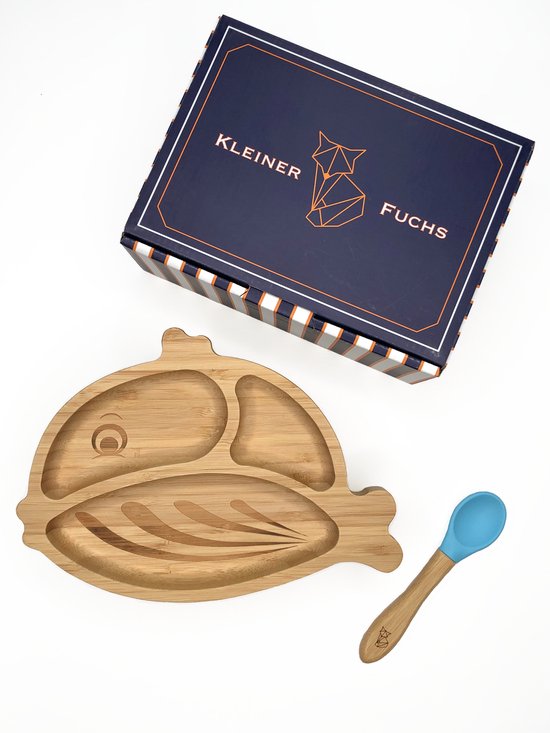 Kleiner Fuchs Kinderbord van Bamboe - Bord met zuignap inclusief bijpassende baby lepel - Babyservies in stijlvolle geschenkdoos - Vis