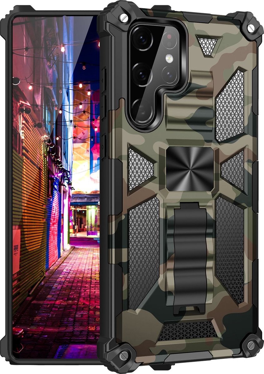 Mobigear Hoesje geschikt voor Samsung Galaxy S22 Ultra Telefoonhoesje Hardcase | Mobigear Armor Stand Backcover Shockproof met Standaard | Schokbestendig Galaxy S22 Ultra Telefoonhoesje | Anti Shock Proof - Groen