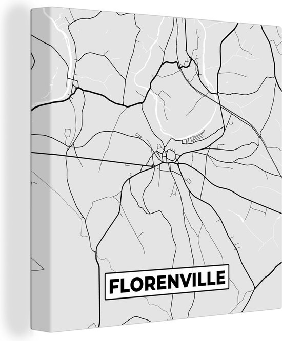 Canvas Schilderij Plattegrond – Florenville – Zwart Wit – Stadskaart - Kaart - 90x90 cm - Wanddecoratie