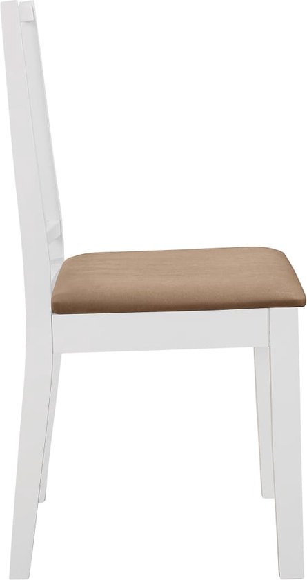 Chaise de salle à manger blanche avec assise en tissu marron, vue de côté.
