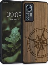 kwmobile telefoonhoesje compatibel met Xiaomi 12 / 12X - Hoesje met bumper in donkerbruin - walnoothout - Vintage Kompas design