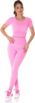 Fashion - sportoutfit - dames - high waist legging - crop top met korte mouw - legging en top - fitness kleding - sportkleding - neon roze - maat S