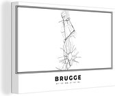 Canvas Schilderij Stadskaart – Zwart Wit - Kaart – Brugge – België – Plattegrond - 180x120 cm - Wanddecoratie XXL