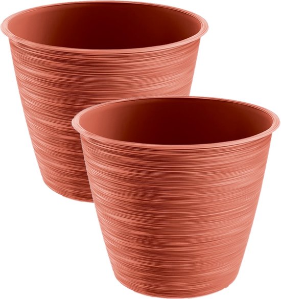 2x stuks stijlvolle kunststof plantenpot/bloempot dia 24 cm/hoogte 20 cm Paintstripe stone rood voor binnen/buiten