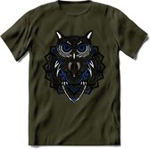 Uil - Dieren Mandala T-Shirt | Donkerblauw | Grappig Verjaardag Zentangle Dierenkop Cadeau Shirt | Dames - Heren - Unisex | Wildlife Tshirt Kleding Kado | - Leger Groen - XL
