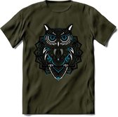Uil - Dieren Mandala T-Shirt | Blauw | Grappig Verjaardag Zentangle Dierenkop Cadeau Shirt | Dames - Heren - Unisex | Wildlife Tshirt Kleding Kado | - Leger Groen - M