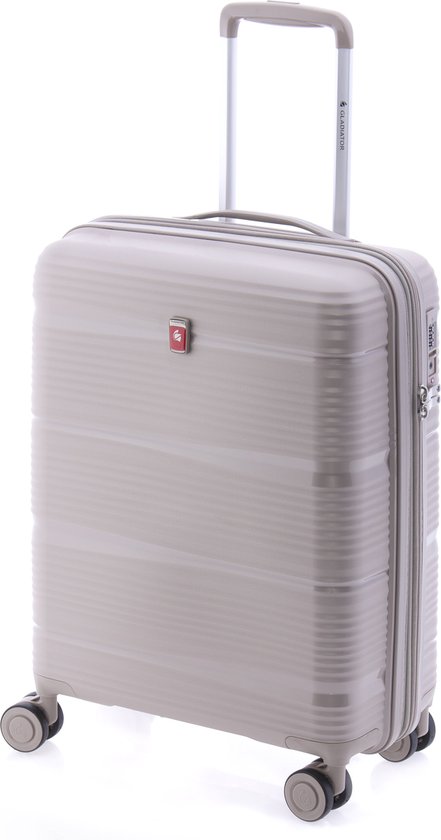 Lichtbruine handbagagekoffer met ritssluiting, TSA-slot, uittrekbare handgreep en vier wieltjes.