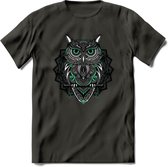 Uil - Dieren Mandala T-Shirt | Aqua | Grappig Verjaardag Zentangle Dierenkop Cadeau Shirt | Dames - Heren - Unisex | Wildlife Tshirt Kleding Kado | - Donker Grijs - S
