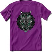 Uil - Dieren Mandala T-Shirt | Aqua | Grappig Verjaardag Zentangle Dierenkop Cadeau Shirt | Dames - Heren - Unisex | Wildlife Tshirt Kleding Kado | - Paars - L