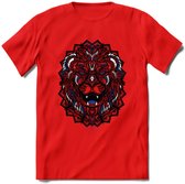 Leeuw - Dieren Mandala T-Shirt | Donkerblauw | Grappig Verjaardag Zentangle Dierenkop Cadeau Shirt | Dames - Heren - Unisex | Wildlife Tshirt Kleding Kado | - Rood - XXL