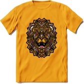Leeuw - Dieren Mandala T-Shirt | Roze | Grappig Verjaardag Zentangle Dierenkop Cadeau Shirt | Dames - Heren - Unisex | Wildlife Tshirt Kleding Kado | - Geel - XXL