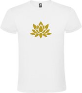 Wit  T shirt met  print van "Lotusbloem " print Goud size XXL