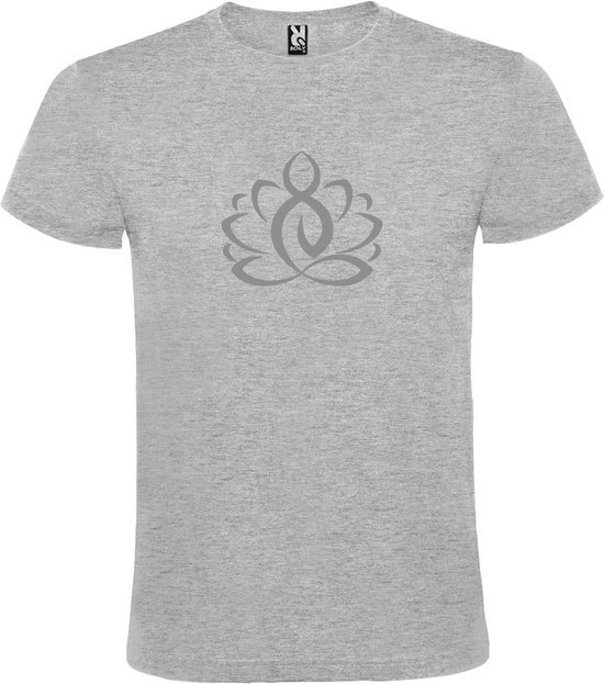 Grijs  T shirt met  print van "Lotusbloem met Boeddha " print Zilver size M