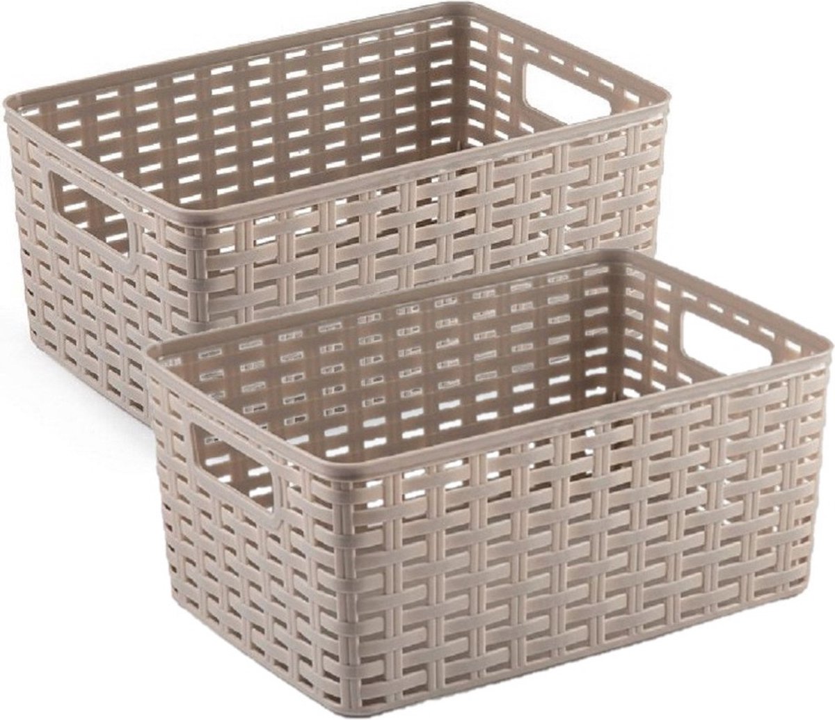 5x stuks rotan gevlochten opbergmand/opbergbox kunststof - Taupe - 19 x 29 x 13 cm - Kast mandjes