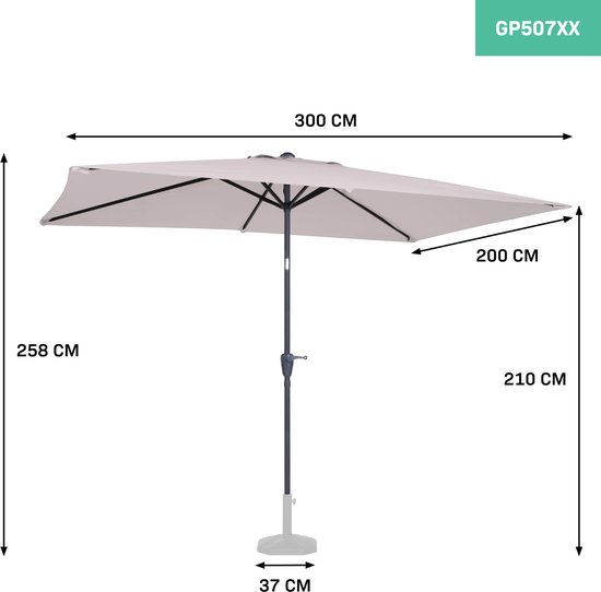 Afmetingen van een lichtgrijze, rechthoekige parasol: 300x200cm breed, 258cm hoog.