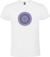 Wit T-shirt met Grote Mandala in Blauw en Roze kleuren size XS