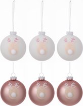 J-Line Doos Van 6 Kerstballen 3+3 Rendier Glas Licht Roze/Wit Small