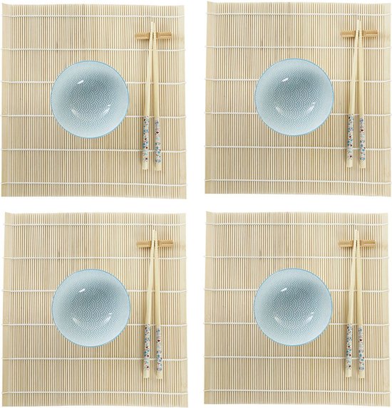 16-delige sushi serveer set aardewerk voor 4 personen licht blauw/wit - Sushi servies
