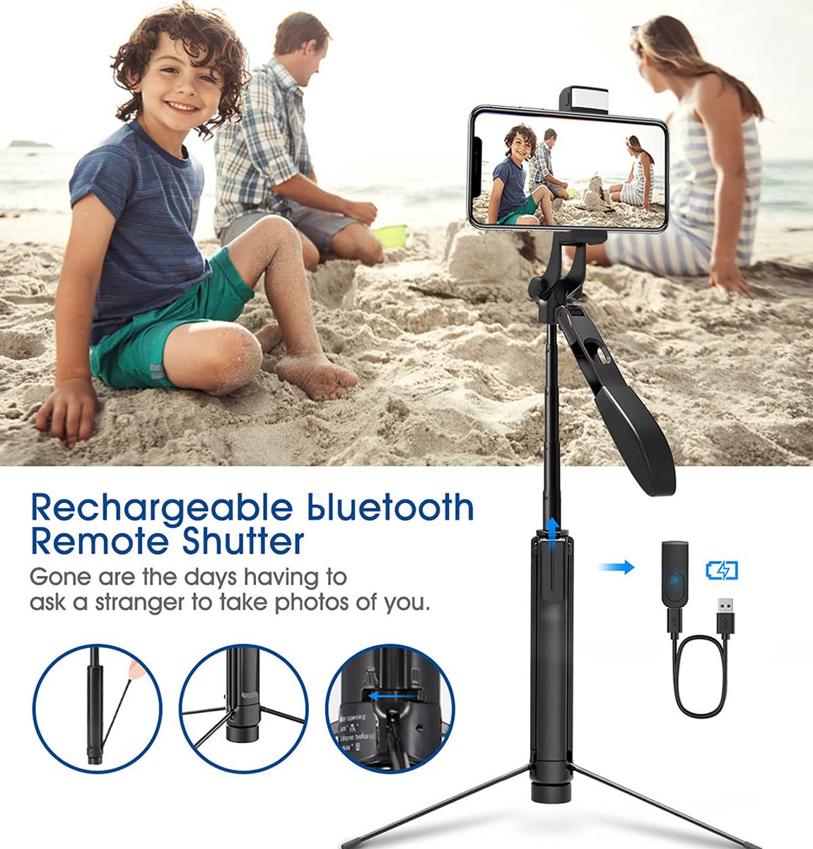 Perche Selfie Trépied Selfie Stick,4en1 Perche Bluetooth Trépied