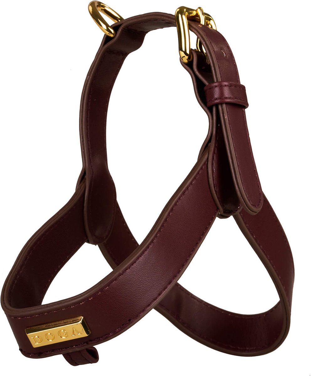 DOGA hondentuig - Hondentuigje - T-hondenharnas - Bordeaux rood - Rood - Goud - Vegan leer - Borsttuigje voor kleine hondjes - maat XS - bijpassende riem en dispenser mogelijk