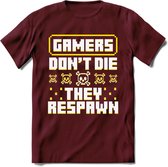 Gamers don't die pixel T-shirt | Geel | Gaming kleding | Grappig game verjaardag cadeau shirt Heren – Dames – Unisex | - Burgundy - M