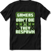 Gamers don't die pixel T-shirt | Neon Groen | Gaming kleding | Grappig game verjaardag cadeau shirt Heren – Dames – Unisex | - Zwart - 3XL