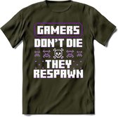 Gamers don't die pixel T-shirt | Paars | Gaming kleding | Grappig game verjaardag cadeau shirt Heren – Dames – Unisex | - Leger Groen - S