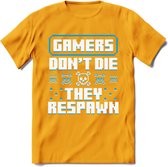 Gamers don't die pixel T-shirt | Blauw | Gaming kleding | Grappig game verjaardag cadeau shirt Heren – Dames – Unisex | - Geel - XL