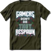 Gamers don't die T-shirt | Neon | Gaming kleding | Grappig game verjaardag cadeau shirt Heren – Dames – Unisex | - Leger Groen - L